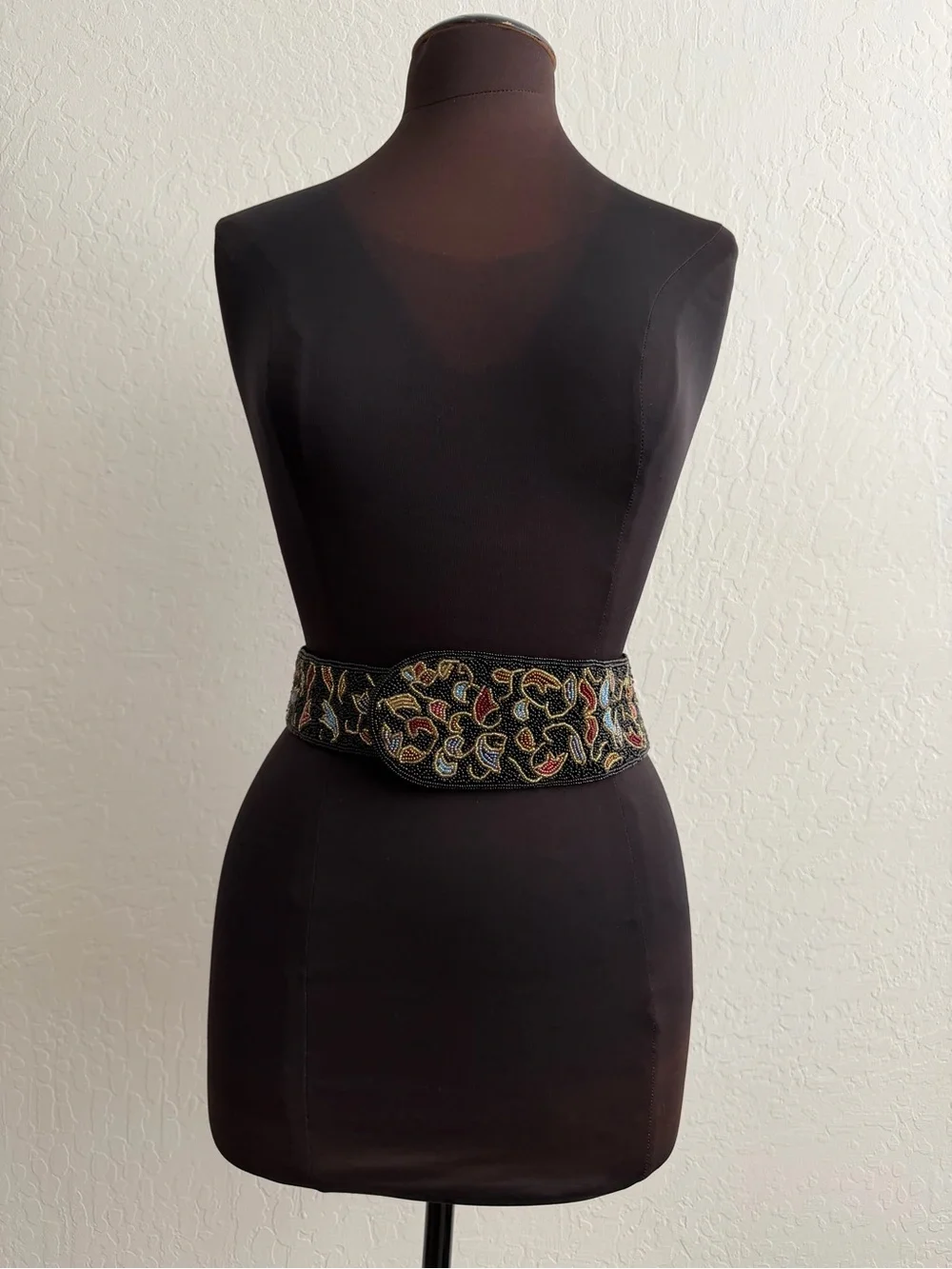VINTAGE Christian Dior Black Embroidered Waist Belt Multicolor Floral Accents